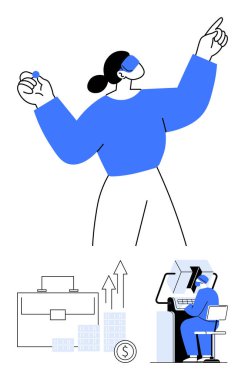 Yukarıya bakan mavi kazaklı biri, evrak çantası, oklu çizelge, bozuk para yığını ve masada çalışan biri. İş için ideal, üretkenlik, başarı, motivasyon finans teknolojisi