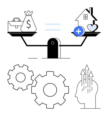 Para çantasını ve evi kalple dengeleyen pullar, odaklanmayı temsil eden oklarla baş ve üç vites. İş hayatı dengesi, akıl sağlığı, verimlilik, karar verme, yaşam tarzı seçimleri için ideal