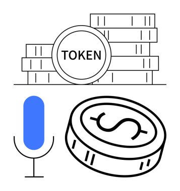 Etiketli jetonlar ve mavi bir mikrofonun yanında bir dolar işareti olan bir bozuk para. Engelleme zinciri, kripto para birimi, dijital finans, fintech, çevrimiçi iletişim ve podcast için ideal. Satır metaforu