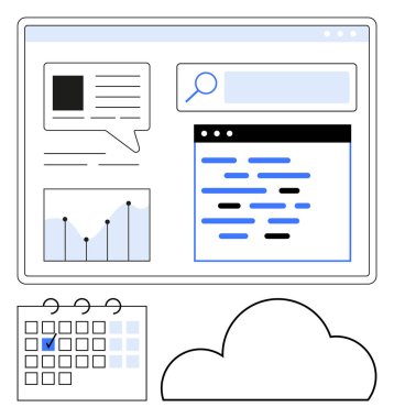 Grafik, sohbet balonu, arama çubuğu, kodlama penceresi, takvim ve bulut sembollü gösterge paneli. Proje yönetimi, yazılım geliştirme, veri analiz verimlilik araçları takımı için ideal