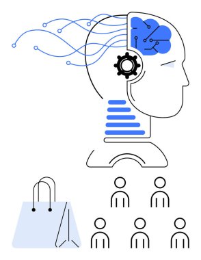 Beyin ve dişli veri hatları, alışveriş torbası, altı kişilik ikon. Yapay zeka, teknoloji, insan bilişimi, tüketici davranışı, veri analizi, beyin-makine arayüzü, dijital dönüşüm için ideal