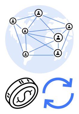 Kullanıcılar bölgelere göre küresel olarak bağlantılı. Para ve dairesel oklar mali işlemleri gösteriyor. Dijital ekonomi, küresel ticaret, fintech, iş ağları, kripto para birimi, uluslararası