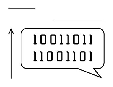 İkili kod ve ok sembollü konuşma balonu iletişimi, yönü ve teknolojiyi simgeliyor. Veri alışverişi, programlama, dijital etkileşim, bilgi akışı, mantık