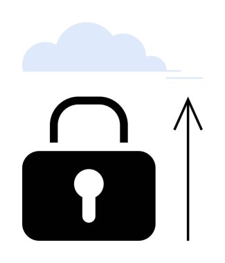 Asma kilit, bulut simgesini gösteren yukarı ok ile güvenlik ve korumayı temsil ediyor. Siber güvenlik, veri koruması, bulut hesaplama, güvenli depolama, internet güvenliği, çevrimiçi mahremiyet için ideal