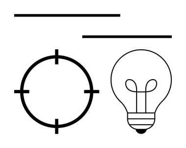 Ampul ve hedef sembolünün altı paralel yatay çizgilerle çizilmiş. Yenilik için ideal, odaklanma temaları, hedef belirleme, yaratıcılık, kavramsal düşünce, iş stratejileri, eğitim. Satır metaforu