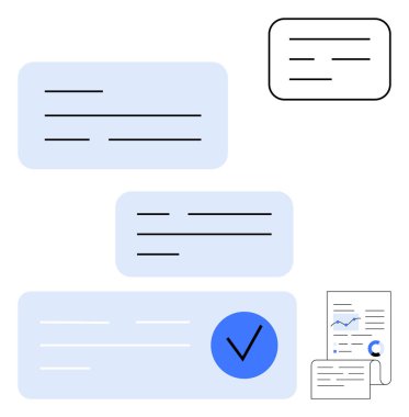 Metni gösteren sohbet baloncukları, işaretli olan, çizelgeli bir belge ve notlama biçimi renklendirmeleri. İletişim, mesajlaşma, ilerleme takibi, bildirimler, iş için ideal