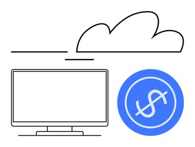 Masaüstü monitörü, üzerinde bulut olan mavi bir dairedeki bir dolar işaretinin yanında. Teknoloji girişimleri, finans hizmetleri, bulut hesaplama, çevrimiçi bankacılık, dijital varlık yönetimi, uzaktan çalışma için ideal