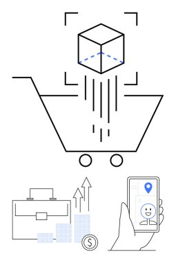 3 boyutlu küp alışveriş arabasının içine düşüyor, içinde yukarı doğru ok ve dolar sembolü olan evrak çantası, üzerinde konum rozeti ve kişi simgesi olan bir akıllı telefonu elinde tutuyor. E-ticaret, iş büyümesi ve lojistik için ideal