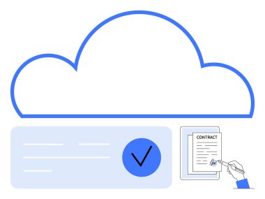 Stylus imzalı bir tabletin üzerindeki sözleşmenin üzerinde bulut simgesi. Mavi işaret işareti. Dijital anlaşmalar, bulut depolama, veri güvenliği, uzaktan çalışma, teknoloji, e-imza, kağıtsız