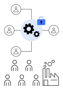 Birbirine bağlı insanlı vitesler endüstriyel fabrikalar, ağ hatları. Siber güvenlik, takım çalışması, endüstriyel yönetim, bağlantı, veri koruması, verimlilik, iletişim için ideal. Çizgi