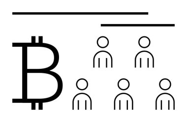 Büyük Bitcoin sembolü altı insan simgesi ve iki yatay çizgi. Bitcoin, kripto para birimi, engelleme zinciri, dijital para birimi, yatırım, finansal büyüme, topluluk için ideal. Satır metaforu