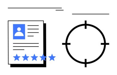Profil fotoğrafı olan bir yığın belge ve çapraz gölgenin yanında beş yıldızlı not. İşe alım, işe alım, performans değerlendirmesi, müşteri geribildirimi, iş stratejisi, İK yönetimi, kalite