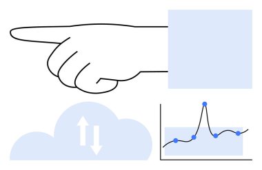 Sağ el işareti, yönü sembolize ediyor, veri alışverişini temsil eden mavi bir bulutun yanında. Zirveli grafikler veri eğilimlerini öneriyor. Teknoloji, analitik, veri bilimi ve karar verme için ideal