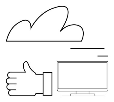 Parmak uçları el, bulut ve bilgisayar monitörleri. Bulut hizmetleri, geri besleme sistemleri, dijital teknoloji, çevrimiçi onay, yazılım değerlendirme veri depolama uzaktan erişimi için idealdir. Satır metaforu