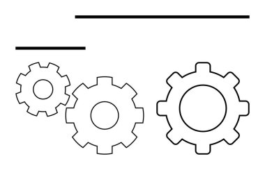 Yukarıdaki yatay çizgilerle çeşitli boyutlarda birbirine bağlı üç dişli. İşbirliği, mühendislik, takım çalışması, mekanik, süreç optimizasyonu, stratejik planlama ve yenilik için ideal. Satır metaforu