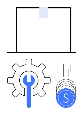 Yapışkan notlu, dişli, İngiliz anahtarı sembollü ve bozuk para atan dizüstü bilgisayar ekranı. İş, teknoloji, finans, yatırım, verimlilik onarım hizmetleri yazılım uygulamaları için idealdir. Satır metaforu