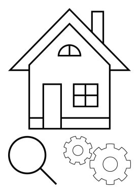 Siyah beyaz bir ev, büyüteç ve vites, ev değerlendirmesini, onarımını ve ayarlarını sembolize ediyor. Gayrimenkul, bakım, teftiş, inşaat hizmetleri planlaması için ideal