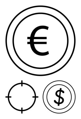 Avro parası, dolar parası ve basit siyah beyaz tasarım hedef işareti. Finans, döviz kurları, bankacılık, para yönetimi, yatırımlar için ideal mali hedefler tasarrufu. Satır metaforu