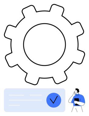 Büyük siyah dişli, elinde belge tutan kişi ve mavi işaretli mesaj kutusu. İş akışı, verimlilik, onay süreci, organizasyon, verimlilik, planlama işleri için ideal. Satır metaforu