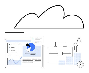 Grafik dolu torpido gözü, evrak çantası, yükselen oklar ve istiflenmiş paralarla dolu bir bulut çizgisi. İş analizleri, veri yönetimi, mali büyüme, bulut teknolojisi, ekonomik analiz stratejisi için ideal