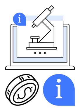 Bir dizüstü bilgisayarda dijital mikroskop görüntülendi. Para birimi sembolü ve mavi bilgi simgeleri. Bilimsel araştırma, eğitim, mali analiz, teknoloji, tıp çalışmaları için ideal, çevrimiçi