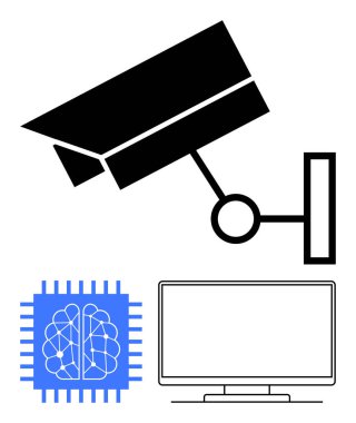 Surveillance camera, AI brain chip, and computer screen. Ideal for security systems, AI technology, surveillance, monitoring, tech advancements digital security smart systems. Line metaphor clipart