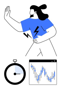 Woman in blue shirt with dynamic pose and power symbol, stopwatch illustration, bar chart of fluctuating data. Ideal for business, productivity, time management, energy, efficiency, decision making clipart