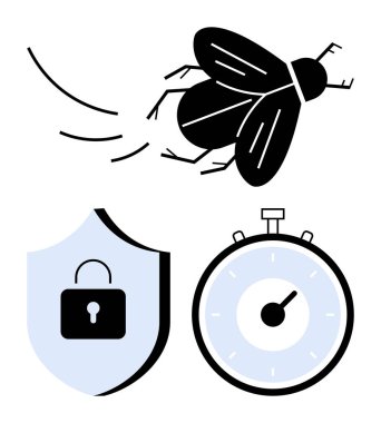 Kilitli ve kronometre ile uçan böcek kalkanı. Hız, koruma, zaman yönetimi, güvenlik, aciliyet, verimlilik ve güvenlik için ideal. Satır metaforu