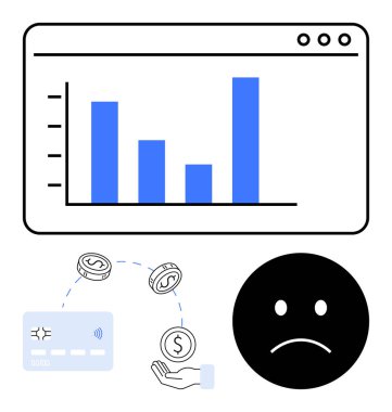 Parası azalan bar grafiği, üzgün surat, el ele tutuşan para, yükselen harcamalar. Mali planlama, bütçe yönetimi, borç yönetimi, gider takibi, iş tahmini finans eğitimi için ideal