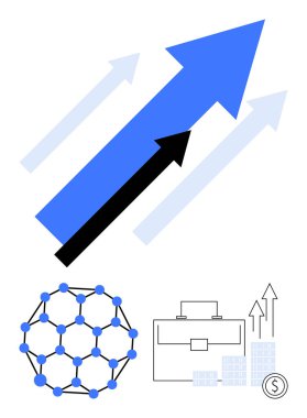 Mavi ve siyah yukarı doğru oklar büyümeyi simgeler. Molekül ağı, iş çantası ve finansal grafiği içeriyor. İş geliştirme, teknoloji, finans, büyüme stratejileri ve yatırım için ideal