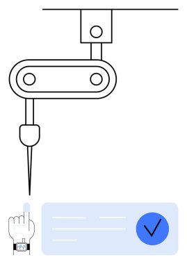 Robotik kol, dokunmatik ekranın yukarısındaki yüksek hassasiyetli iğneyle çalışıyor. Teknolojik gelişmeler, otomasyon, endüstri, akıllı cihazlar, üretkenlik, yenilik için ideal