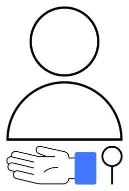 Çember başlı soyut insan figürü, yarım daire şeklinde vücut, kol saati ile açık el, küçük büyüteç. Destek, yardım, yardım, müşteri hizmetleri, dostluk bakımı konuları için ideal