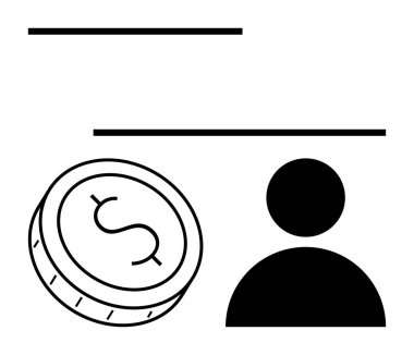 Kullanıcı figürünün yanında dolar işareti olan bozuk para. Finans, ekonomik analiz, bankacılık hizmetleri, kişisel finans, çevrimiçi işlemler, müşteri nüfusu ve iş stratejisi için idealdir. Satır metaforu