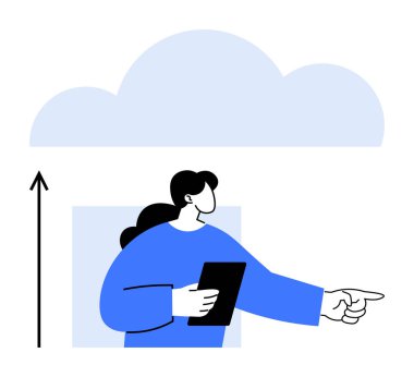 İş kadını tableti tutuyor, bulut ve yukarı doğru ilerleyişi simgeleyen oku işaret ediyor. Liderlik, yenilik, bulut hesaplama, teknoloji, iş stratejileri, gelecek planlama için ideal