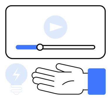 Video player with play button and progress bar, hand gesture, light bulb icon. Ideal for technology, user interaction, innovation, media, modern learning mobile interface futuristic design. Line clipart