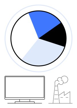 Bilgisayar monitörünün üstünde dört bölümlü turta grafiği ve baca püskürten bir fabrika. Ticari veriler, teknoloji, endüstriyel üretim, sürdürülebilirlik, üretim analizi, istatistiksel