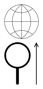 Küre büyütme camı ve yukarı doğru ok keşfin gelişimi, yenilik, keşif, analiz ve geleceği sembolize ediyor. Eğitim, teknoloji, araştırma, iş, ilerleme için ideal