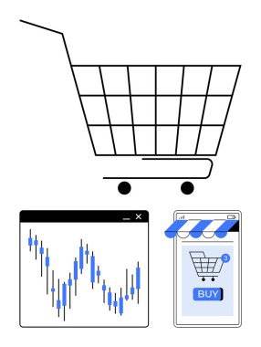 Alışveriş arabası, borsa haritası, alışveriş arabasıyla mobil arayüz ve Buy düğmesi. E-ticaret, finansal ticaret, mobil uygulamalar, dijital alışveriş, perakende pazarlama, çevrimiçi satışlar için ideal