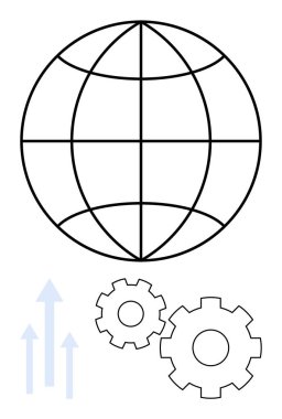 İki dişli ve üç yukarı ok üzerinde boylam ve enlem çizgileri olan küre. Küresel yenilik, teknoloji büyümesi, mühendislik gelişimi, ilerleme, modernleşme ve sanayi için ideal