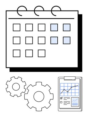 Vurgulanmış tarihlerle takvim, süreç verimliliğini sembolize eden vitesler, veri grafikleriyle birlikte pano. Proje yönetimi, zamanlaması, iş akışı optimizasyonu, iş planlaması, verimlilik için ideal