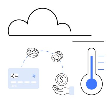 Kredi kartının üstünde kablosuz işlem, bozuk para, el sembolü ve termometresi olan bir bulut sembolü. Finans, bulut hesaplama, dijital ödemeler, tasarruflar, sıcaklık izleme e-ticareti için ideal
