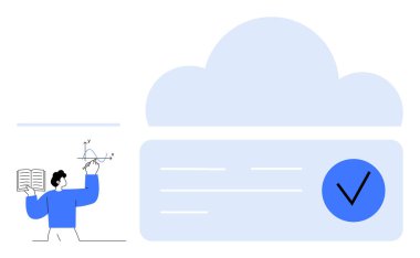 Grafik verilerini açık kitapla analiz eden kişi, arka planda büyük bulut, doğrulama işaretleri. Veri analizi, bulut depolama, eğitim, araştırma, teknoloji entegrasyonu, bulut hesaplaması için ideal