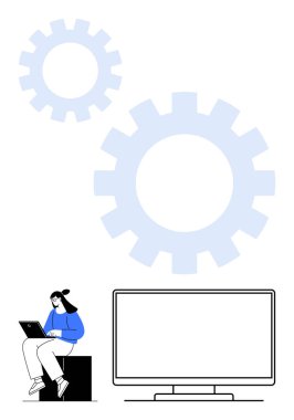 İki vitesli büyük monitörün yanında dizüstü bilgisayar kullanan bir kadın oturuyor. Teknoloji için ideal, üretkenlik, evden çalışma, bilişim hizmetleri, yazılım geliştirme, mühendislik, yenilik. Çizgi