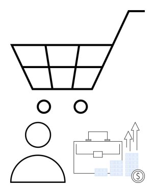 Alışveriş arabası, insan ikonu, evrak çantası, finansal grafikler ve yükselen oklar ekomünlüğü, iş büyümesini ve finansmanı sembolize ediyor. İş analizi ve mali planlama yatırımı için ideal