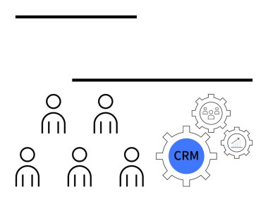 Simple stick figures representing users gears symbolizing CRM integration, and analytic symbols. Ideal for business, CRM, teamwork, user management, analytics, efficiency, technology. Line metaphor clipart