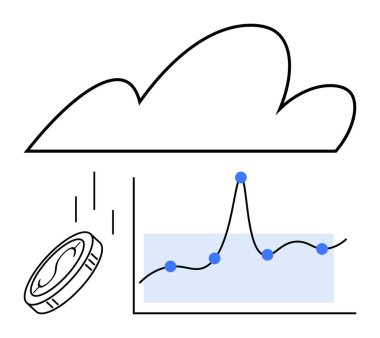 Bulut çizgisi grafiği ve düşen para işaretleri. Finans, analitik, teknoloji, yatırım, bulut hesaplama, ekonomi ve tahmin için ideal. Satır metaforu
