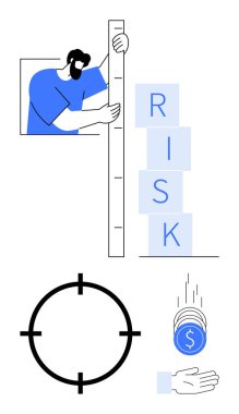 Risk seviyelerini cetvelle ölçen, RISK 'i heceleyen, hedef sembol ve el yakalayan bozuk paralar. Mali risk, iş stratejisi, yatırım planlaması ve proje yönetimi için ideal