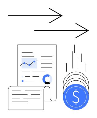 Financial documents with graphs, charts, and dollar coins beside them, showing data flow with arrows. Ideal for financial analysis, business growth, accounting, investment, revenue projection clipart