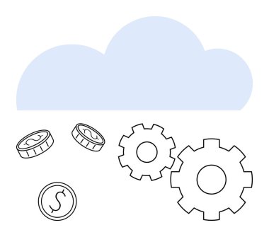 Bozuk paraları ve yüzen dişlileri olan bir bulut. Finans, teknoloji, otomasyon, bulut hizmetleri, dijital dönüşüm, internet, ekonomik büyüme için idealdir. Satır metaforu