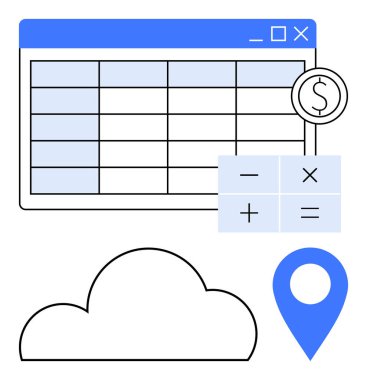 Finansal hesap cetveli, hesap makinesi, aritmetik tuşlu, dolar işareti, bulut simgesi ve lokasyon şifresi. Finans, bulut hesaplama, veri analizi, uzaktan iş planlaması için ideal